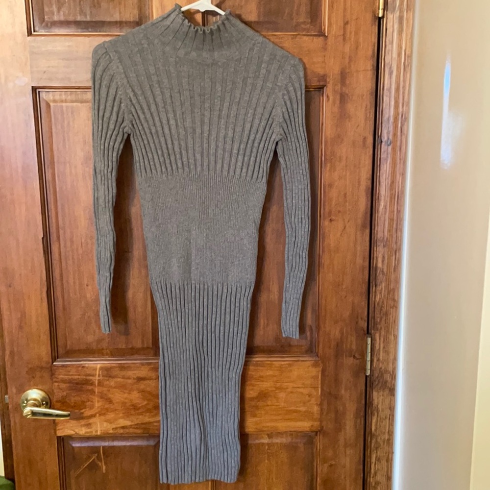 Size small- gray, fitted, high neck, sweater dress.